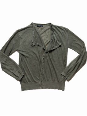 THEME 100% Linen Olive Green Asymmetric Neckline Cardigan M Lagenlook Coastal
